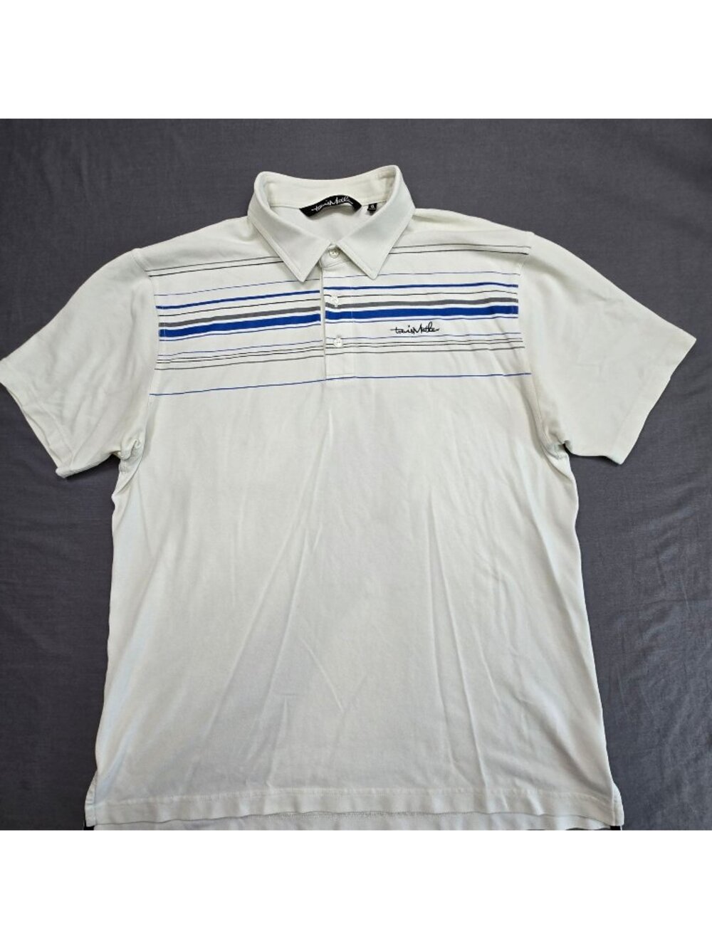 Travis Mathew XL Mens Polo Shirt White/Blue Striped Short Sleeve Golf Top